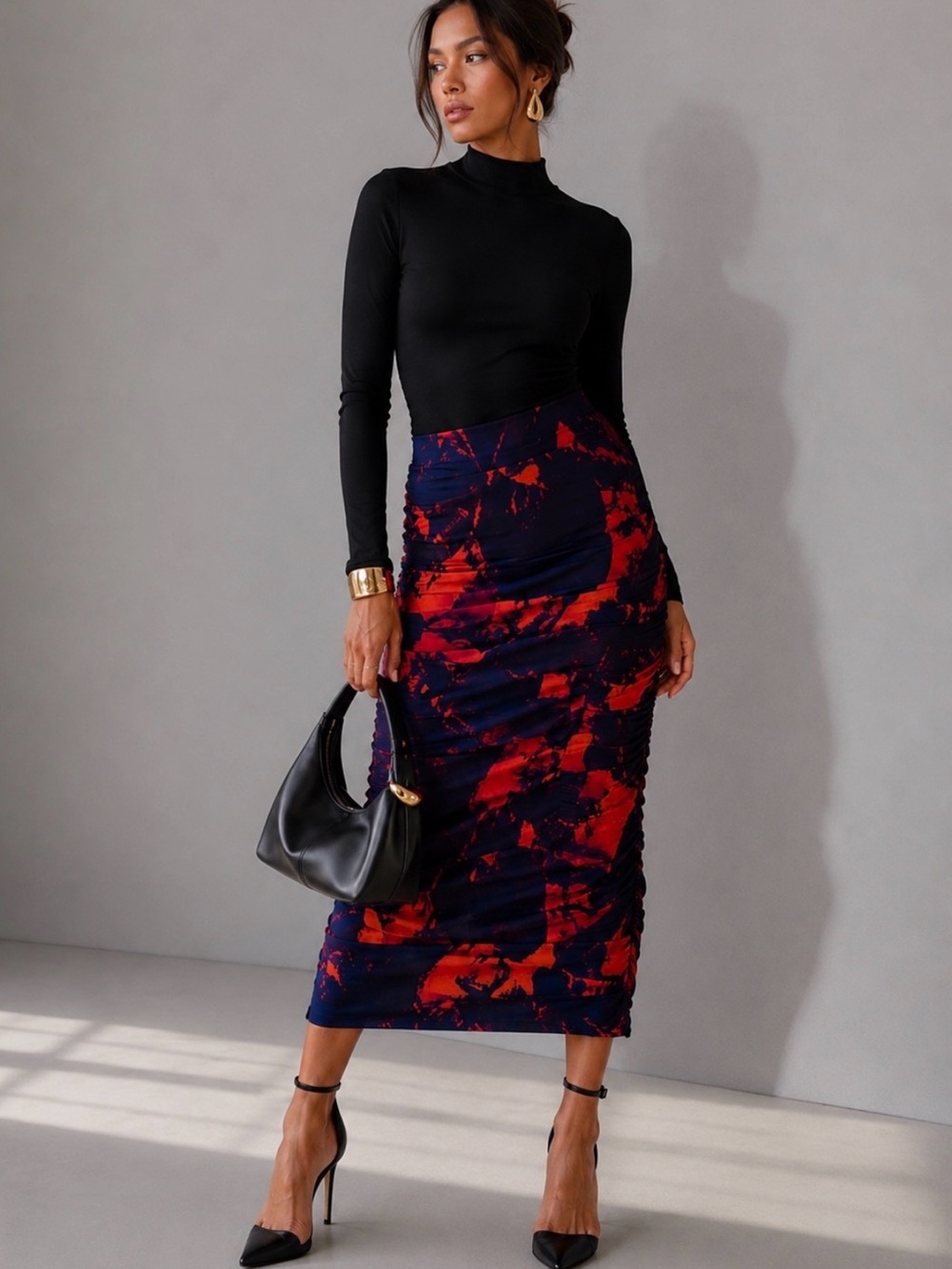 Revolve LAMARQUE Heatwave Abstract Print Ruched Mesh Midi Skirt Size L